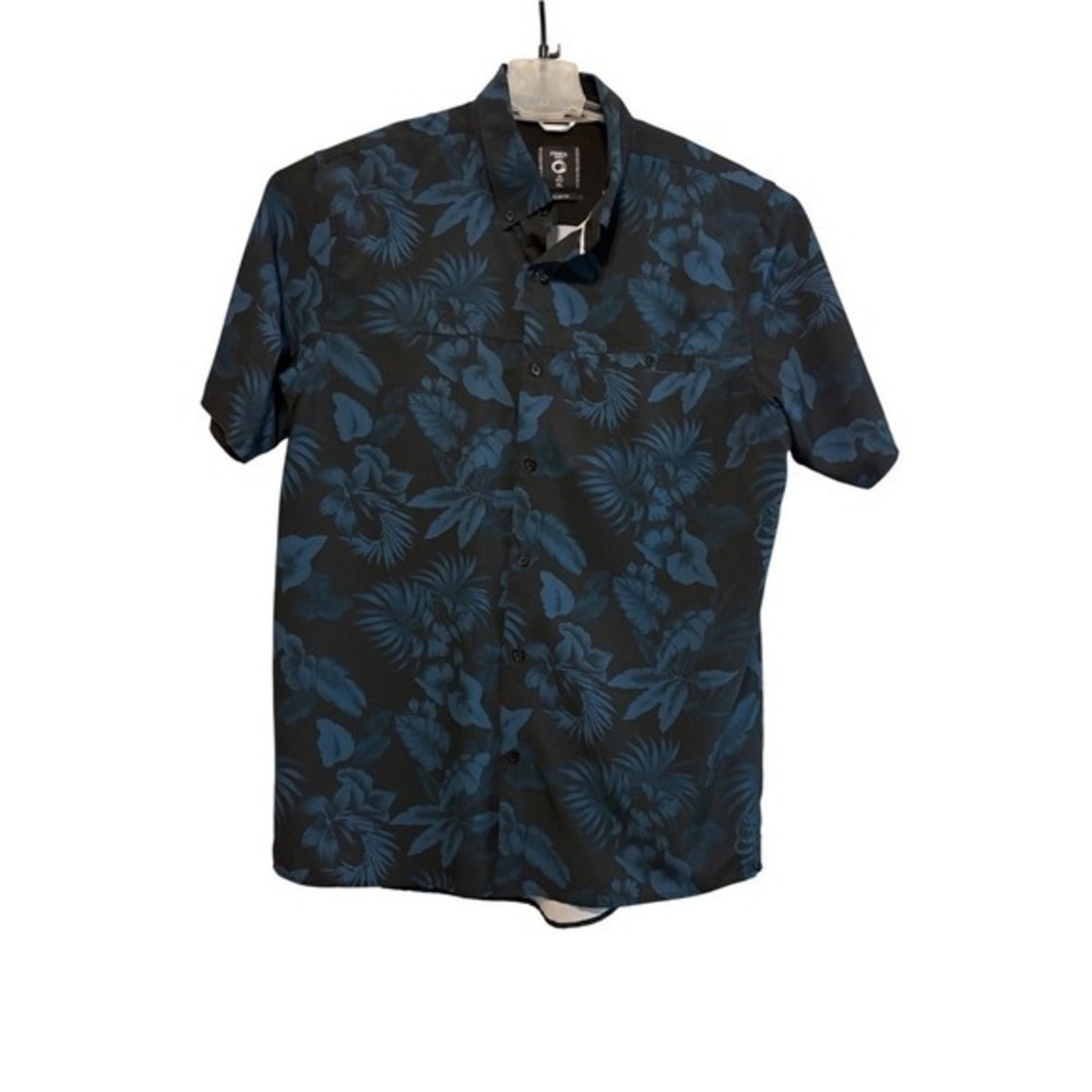 CLEARANCE-Mens Casual Black Short-Sleeve Button-Down Shirt with Navy Floral Prnt - Picture 2 of 7
